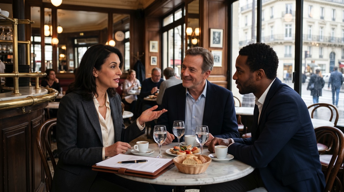 Professionisti internazionali a un pranzo d'affari in francese in un bistrot parigino