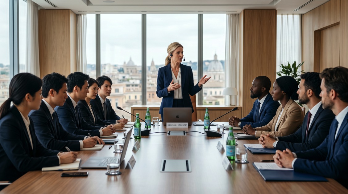 Interprete WorldBridge fa da ponte linguistico tra due delegazioni internazionali in un incontro d'affari