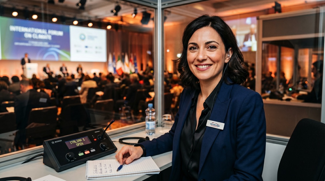Interprete WorldBridge offre servizi di interpretazione simultanea durante un congresso internazionale