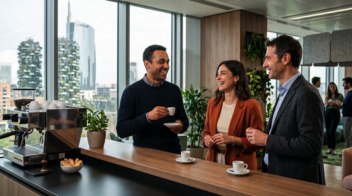 Professionista straniero conversa in italiano con i colleghi durante una pausa caffè a Milano