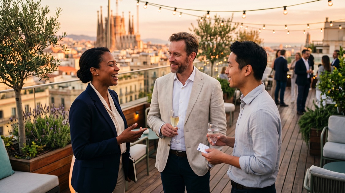 Professionisti che fanno networking in spagnolo su una terrazza al tramonto