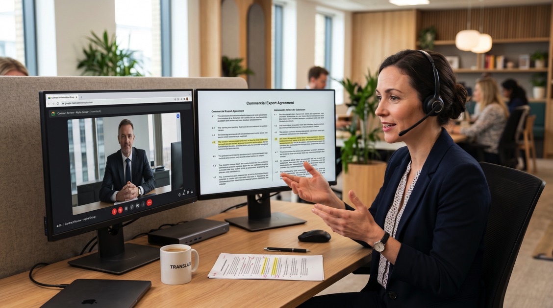 Traduttrice WorldBridge discute in videocall con un cliente la traduzione di un contratto commerciale per l'export