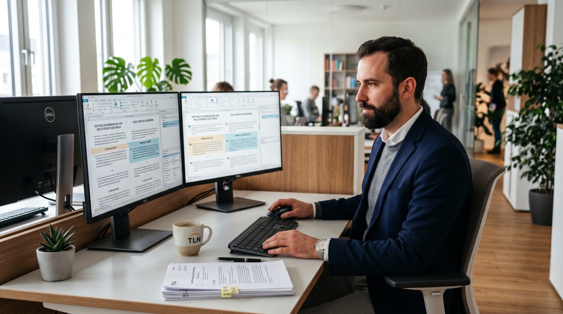 Traduttore WorldBridge esegue una traduzione giuridica con software CAT e glossario legale in agenzia
